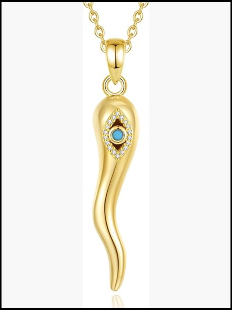925 Sterling Silver Italian Horn Evil Eye Pendant Necklace Good Luck Protection